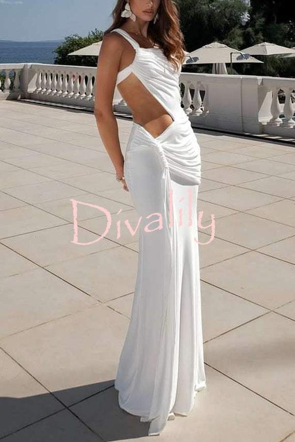 Sexy One-shoulder Backless Ribbon Pleated Slim Maxi Dress