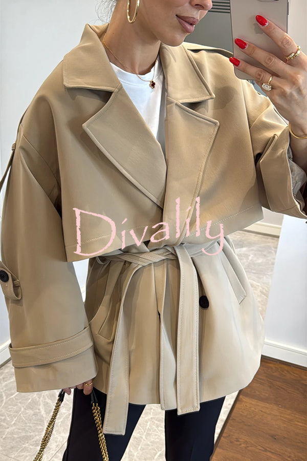 Modern Urban Dropped Shoulder Strap Button Detail Belted Lapel Loose Trench Coat