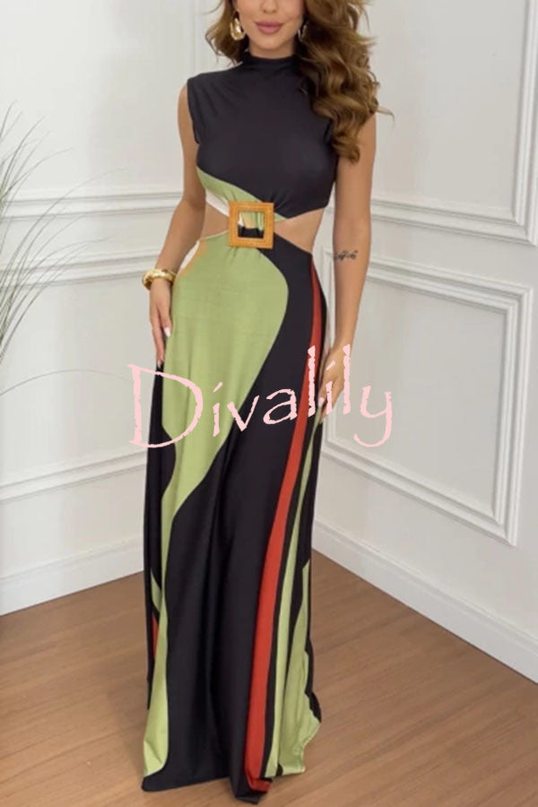Bettie Printed High Neck Square Buckle Cutout Waist Maxi Dress
