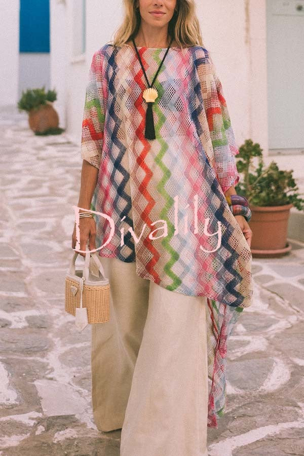 Sun Washed Knit Colorful Zigzag Pattern Asymmetric Hem Loose Cover-ups Kaftan