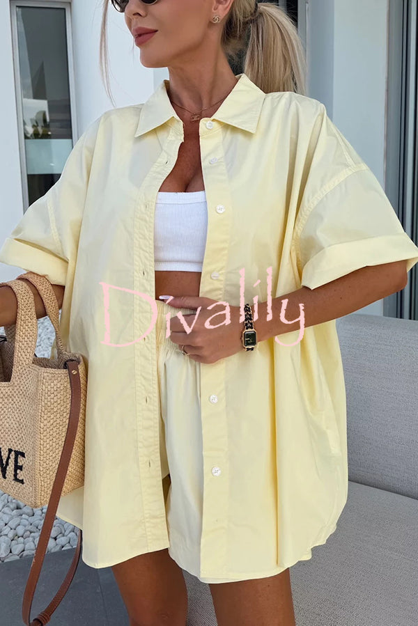 Summer Casual Loose Short-sleeved Shirt and Elastic High Waist Shorts Set