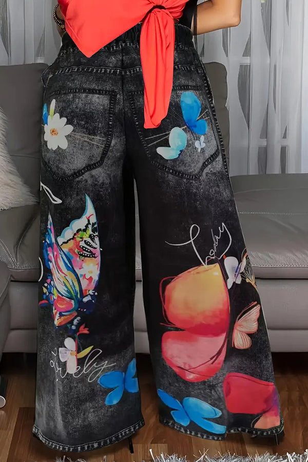 Butterfly Print Casual Elastic Waist Pocket Faux Denim Straight-Leg Pants