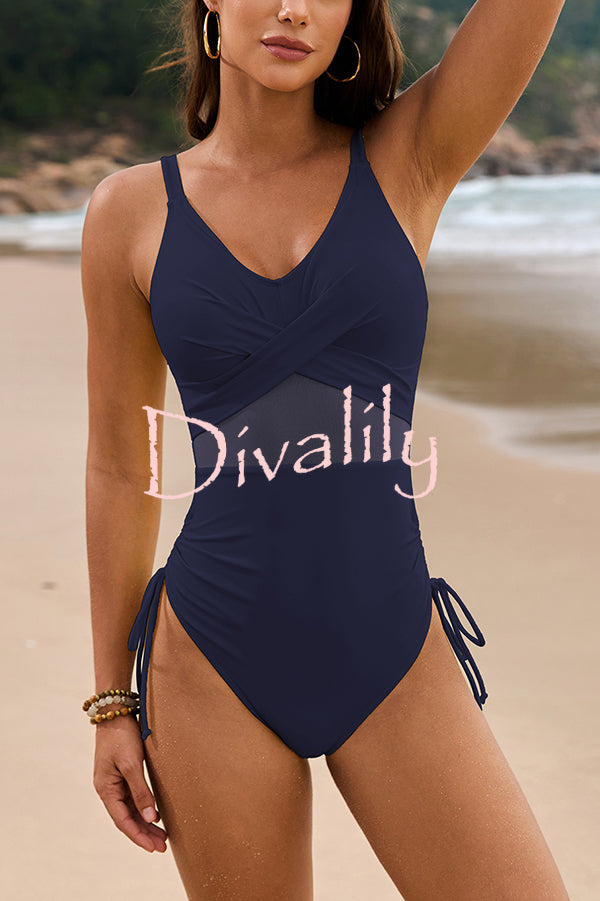 Solid Color Drawstring Waist Mesh One-Piece Bikini Swimsuit