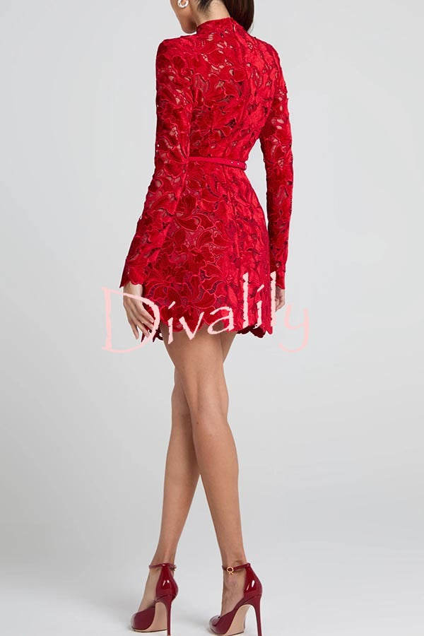 Lydia Embroidered Floral Lace Long Sleeve Belt Tulip Shaped Mini Dress