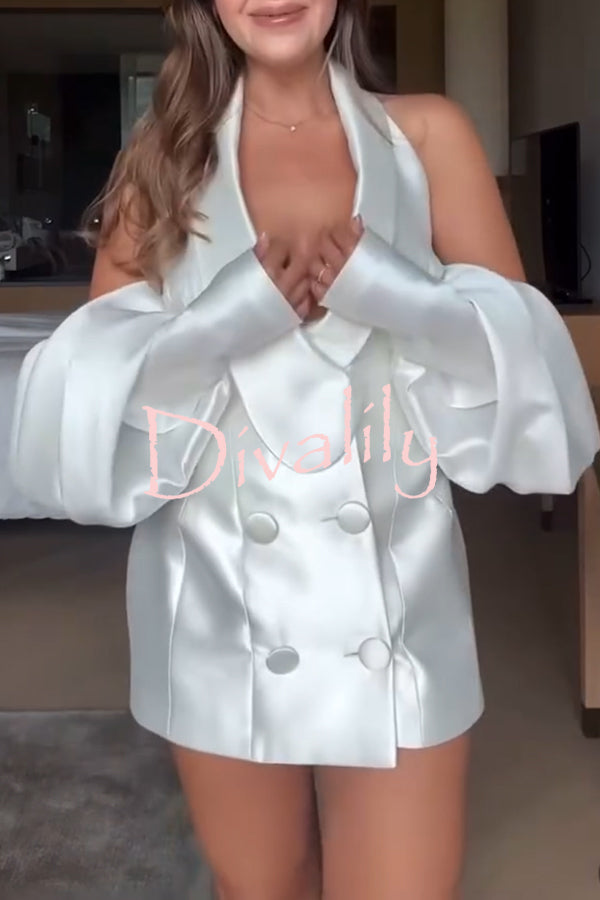 Muse Satin Double-breasted Split Puff Sleeve Back Lace-up Halter Blazer Mini Dress