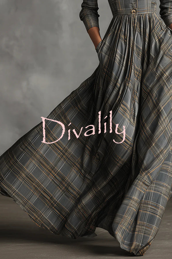 Plaid Print Long Sleeve Slim Fit Casual Pocket Maxi Dress