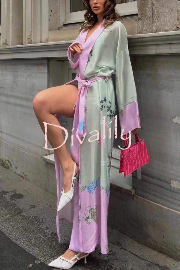 Karty Satin Unique Print Long Sleeve Belt Lapel Kimono Cover-ups