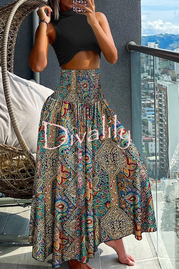 Unique Printed Pleated Elastic Waist Holiday Casual Maxi Skirt