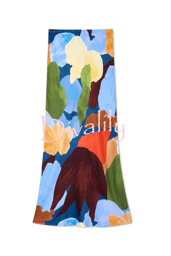 Bright and Bold Satin Abstract Color Blocks Print Elastic Waist Drape Maxi Skirt