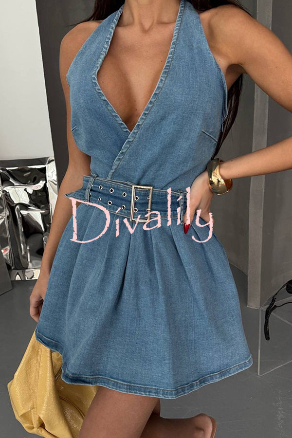 Fashionable Halterneck Open-back Belted Denim Mini Dress