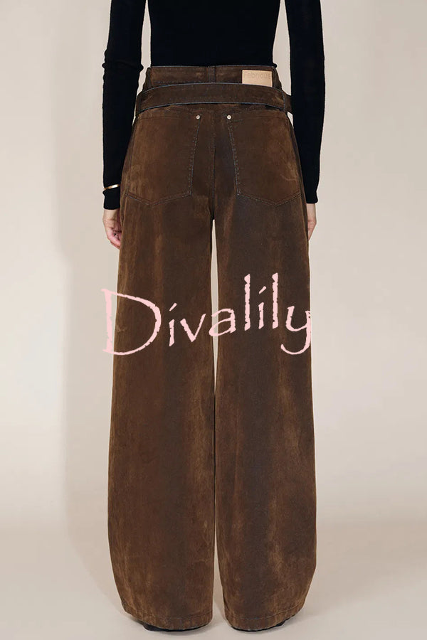 Taylor Denim Mid Rise Detachable Belt Flocked Pocket Wide Leg Jeans