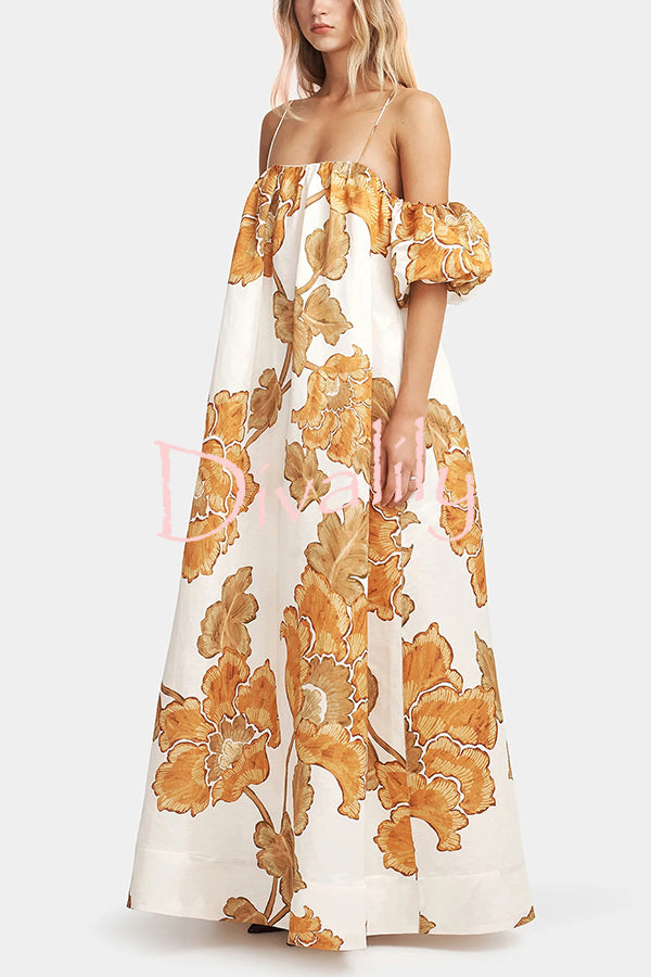 Floral Print Suspenders Puff Sleeves Loose Pocket Holiday Maxi Dress