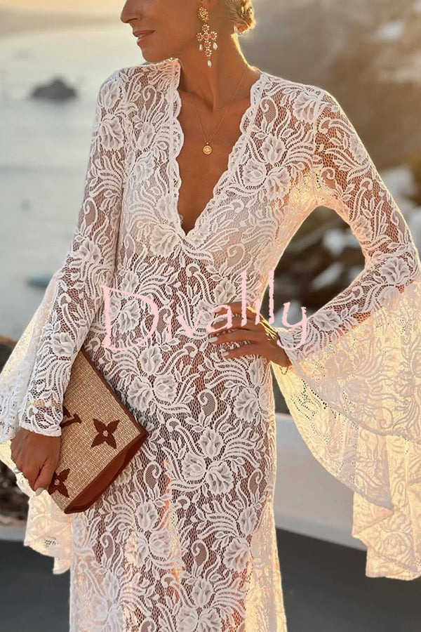 Dream Love Floral Lace Bell Sleeve V-neck Slit Maxi Dress