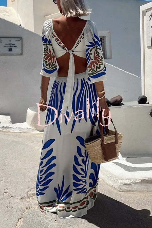 Linen Blend Unique Printed V-Neck Hollow Backless Lace-Up Holiday Maxi Dress