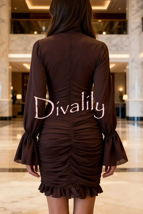 Sexy See-through Tulle High-neck Waist Pleated Ruffle Mini Dress