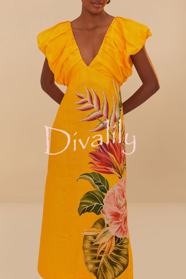 Plant Print V-neck Open Back Holiday Style Slit Midi Dress