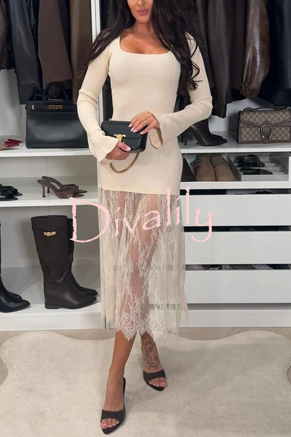 Ellie Ribbed Knit Square Neck Long Sleeve Lace Patchwork Hem Midi Dress