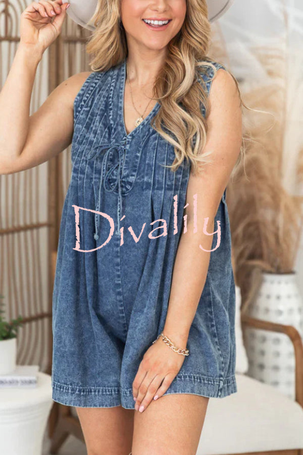 Downtown Daze Denim Pleated Tie-up Pocketed Loose Romper