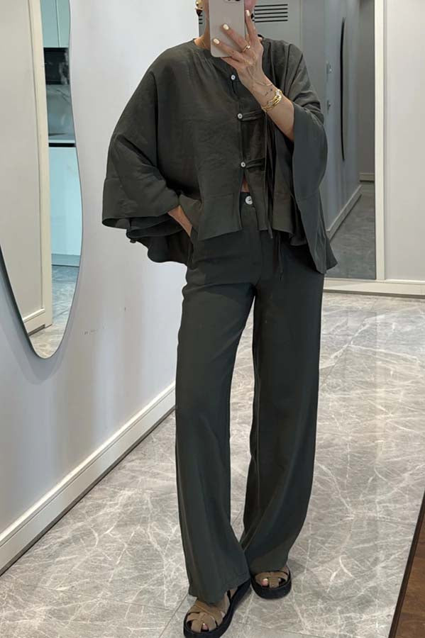 Ellie Tie-button Batwing Sleeve Loose Top and High Rise Pocket  Wide Leg Pants Set