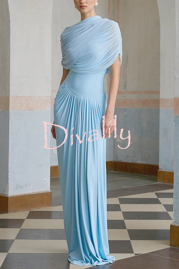 Elegant Mesh Cape-style Pleated Draped Maxi Dress