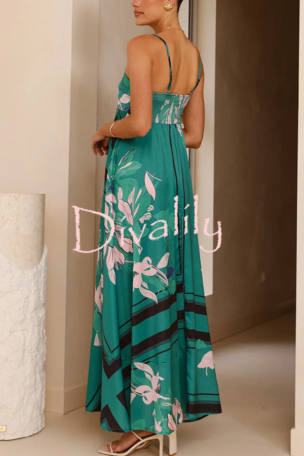 Botanical Print Square Neck Suspender Casual Full Hem Maxi Dress