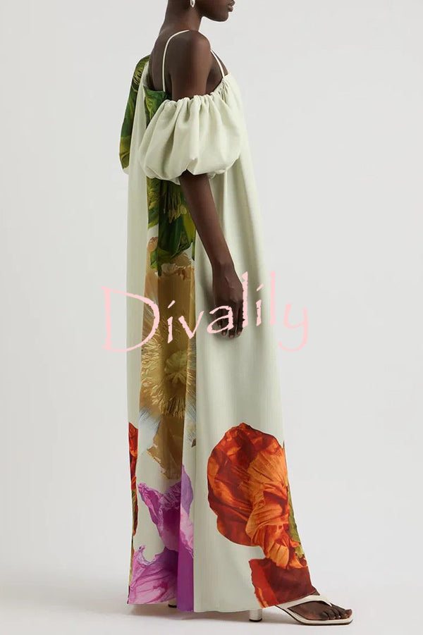 Floral Print Slant Collar Puff Sleeves Loose Holiday Maxi Dress