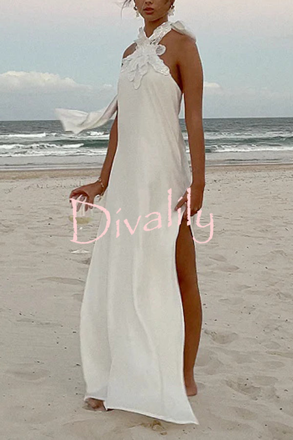 Floral Embellished Satin Halterneck Backless Resort Maxi Dress