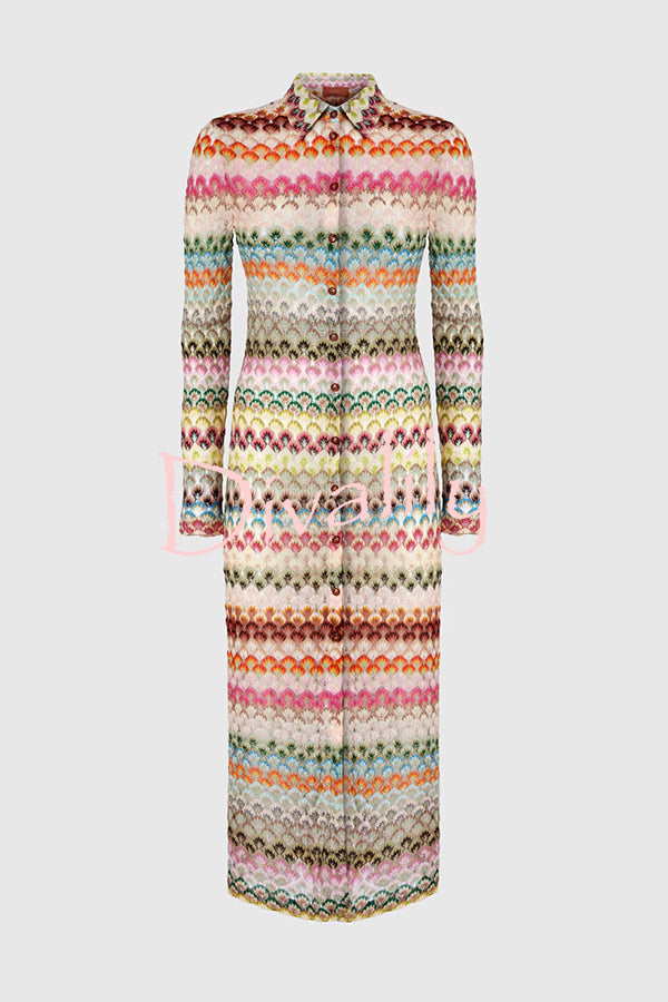 Anna Knit Colorful Herringbone Print Shirt Neck Button Long Sleeve Slim-fit Long Cardigan