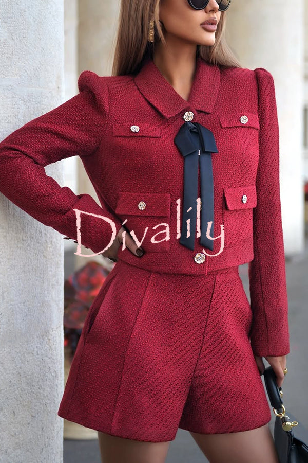 Sweet Dreams Tweed Bow Neck Button Long Sleeve Pocket Crop Jacket