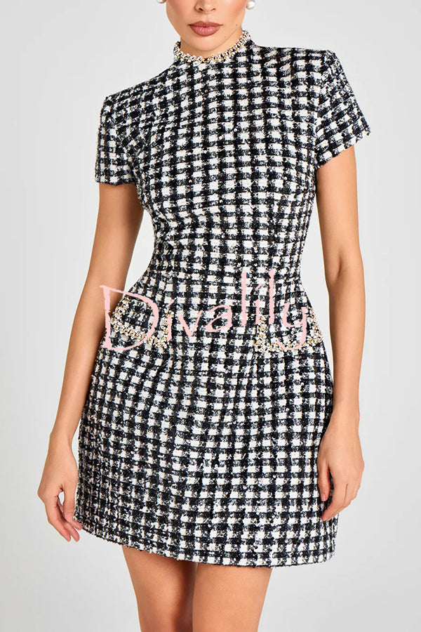 Eve Check Bouclé-tweed Fabric Pearl Trim Short Sleeve Pocketed Mini Dress
