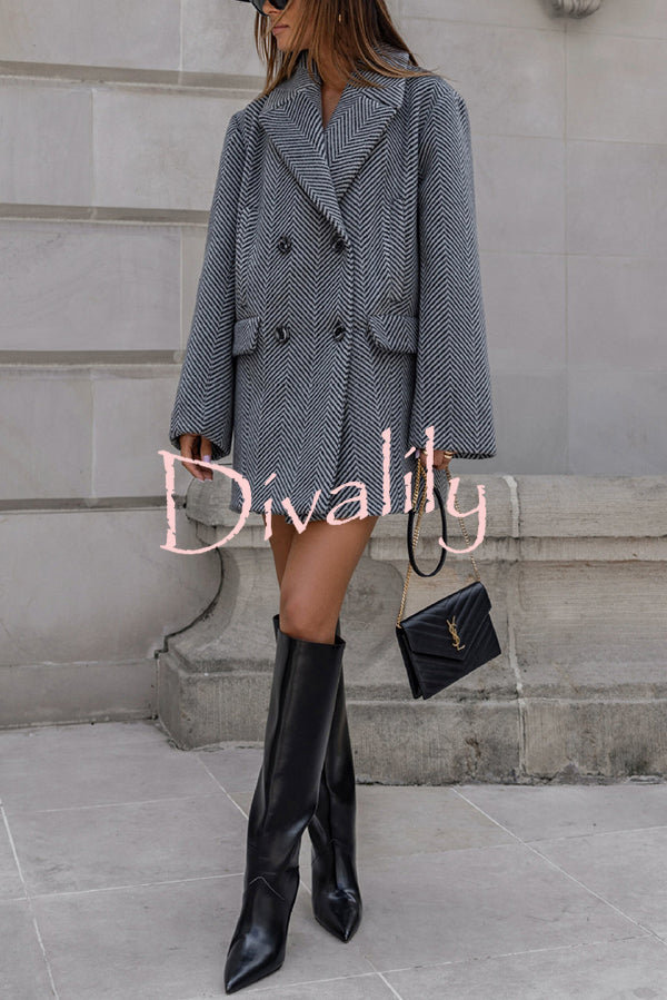 Fashion Stripe Print Lapel Pocket Coat