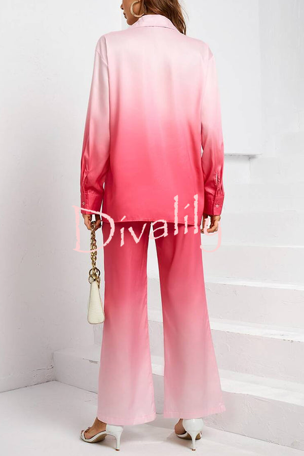 Gradient Long-sleeved Shirt Top and Loose-fitting Pocket Straight-leg Pants Set