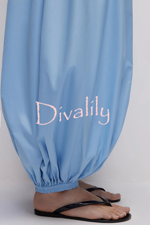 Solid Color Casual Pocket Elastic Waist Lantern Wide Leg Pants