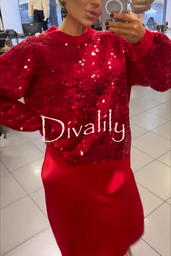 Celebration Day Sequin Patchwork Loose Sweatshirt and Satin Elastic Waist Maxi Skirt Set