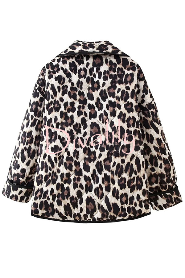 Leopard Print Loose Lapel Pocket Jacket