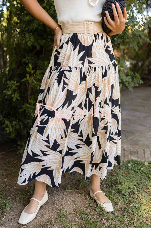 Resort Style Botanical Print Elastic Waist Loose Stitching Midi Skirt
