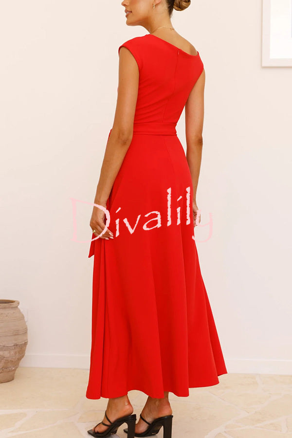 Solid Color Sloped Collar Slim Fit Waist Lace Up Full Hem Maxi Dress