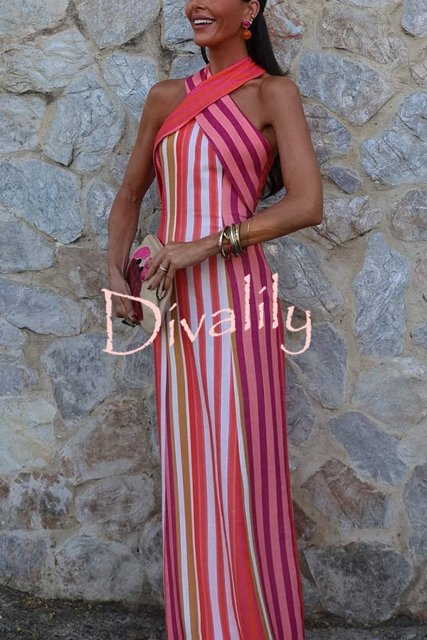 Sunset Breeze Linen Blend Colorful Stripes Cross Halter Flare Maxi Dress