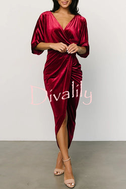 Brendy V Neck Half Sleeve Velvet Pleated Midi Dress