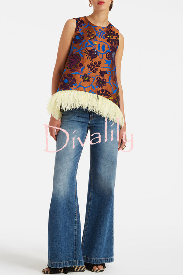 Emina Floral Feather Trim Trapezoidal Silhouette Asymmetrical Hem Top