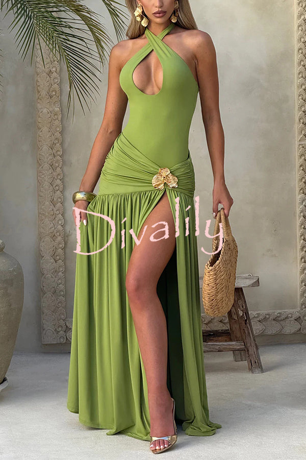 Solid Color Halter Neck Backless Slim Fit Pleated Slit Maxi Dress