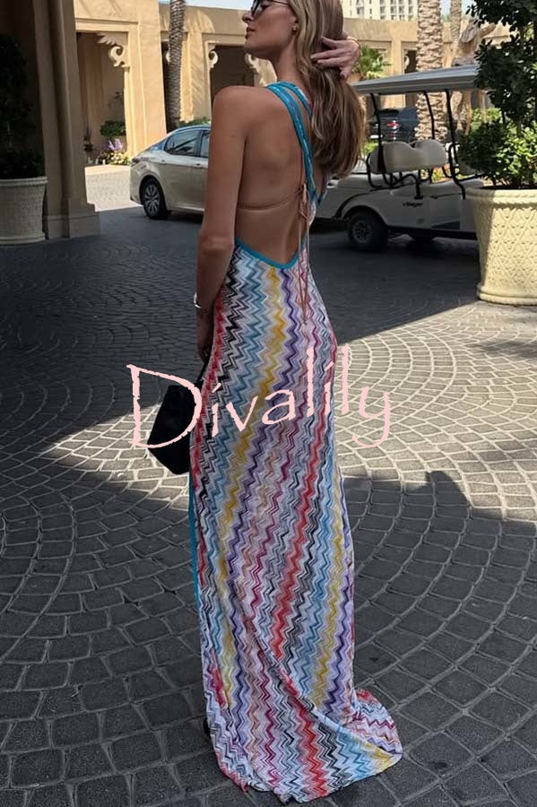 Ivanie Knit Colorful Zigzag Pattern One Shoulder Cutout Slit Maxi Dress