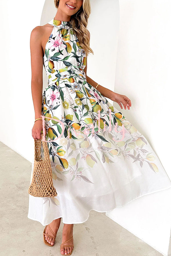 Floral Print Halterneck Tie Zip Smocked Maxi Dress