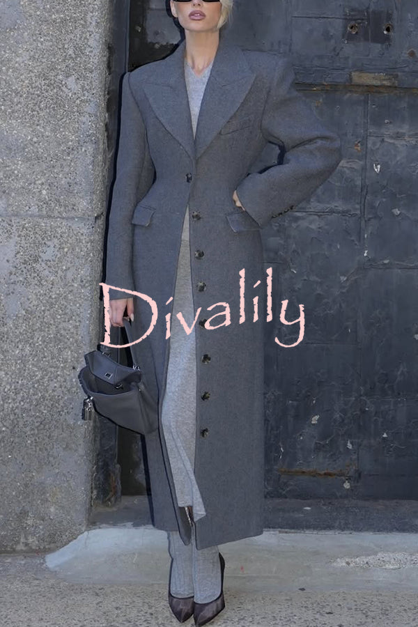 Elegant Lapel Long Sleeve Button High Waist Long Coat