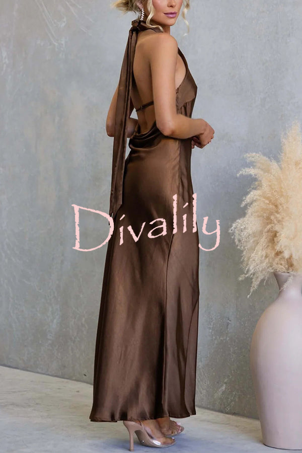 Satin Fashion Halter Backless Slim Elegant Maxi Dress