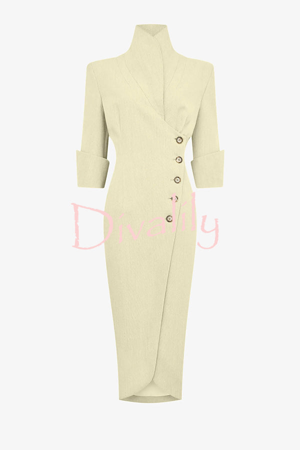 Elegant Look Linen Blend Stand Lapel Neck Half Sleeve Side Button Midi Dress