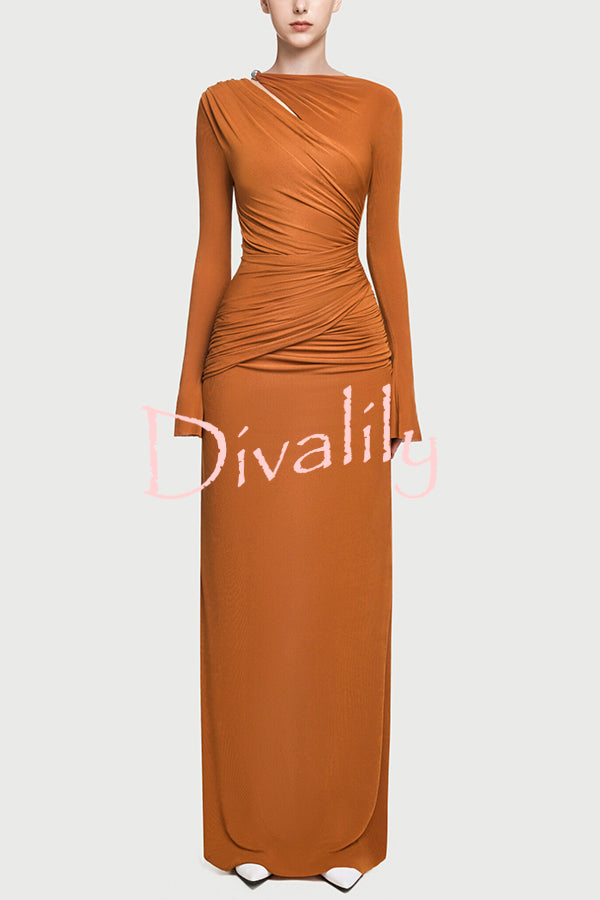 Stylish Long-sleeved Slim-fit Pleated Elegant Maxi Dress