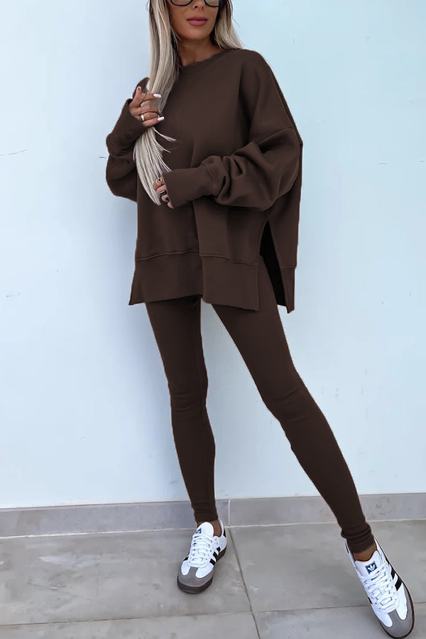 Solid Color Loose Long Sleeve SlitSweatshirt and Elastic Waist Tight Pants Set