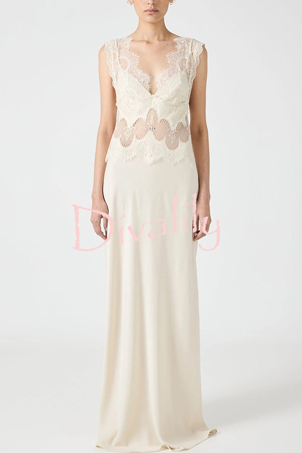 Wonderful Fusion Satin Lace Trim See-through Waist V-neck Drape Maxi Dress