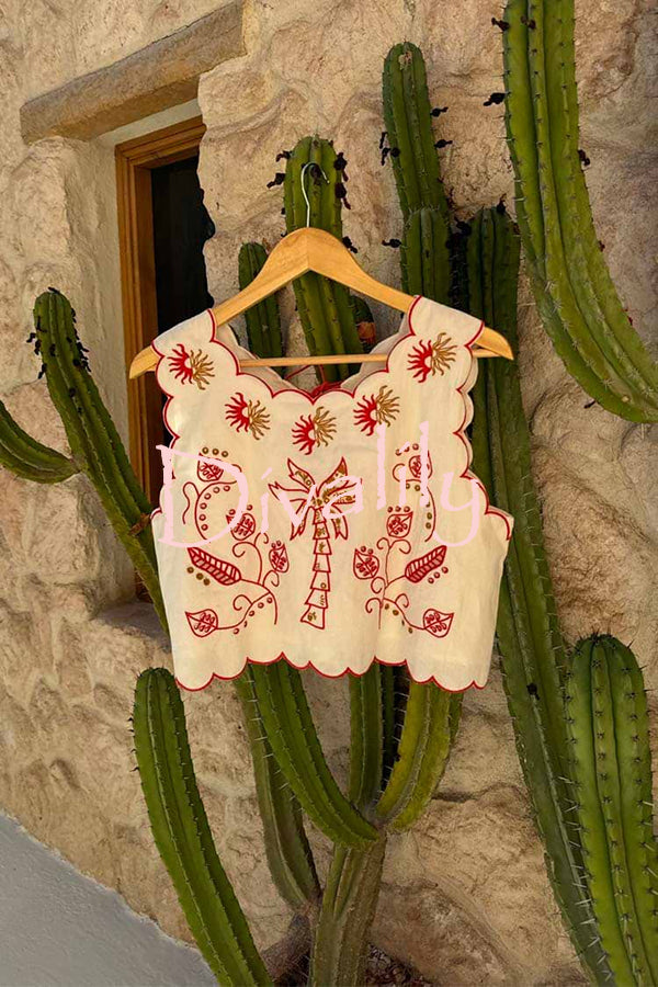 Sunny Day Linen Blend Contrast Embroidered Print Scallop Trim Lace-up Top